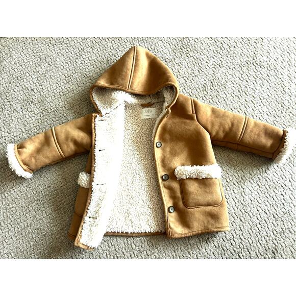 Zara Double Faced Faux Shearling Lined Hooded Coat 3-4 4T - Picture 2 of 3